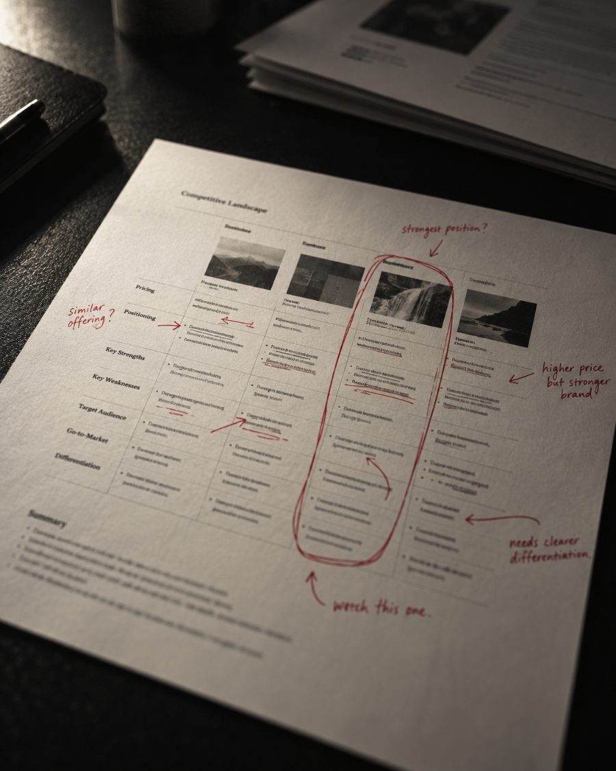 A printed competitive landscape matrix marked up by hand in red ink